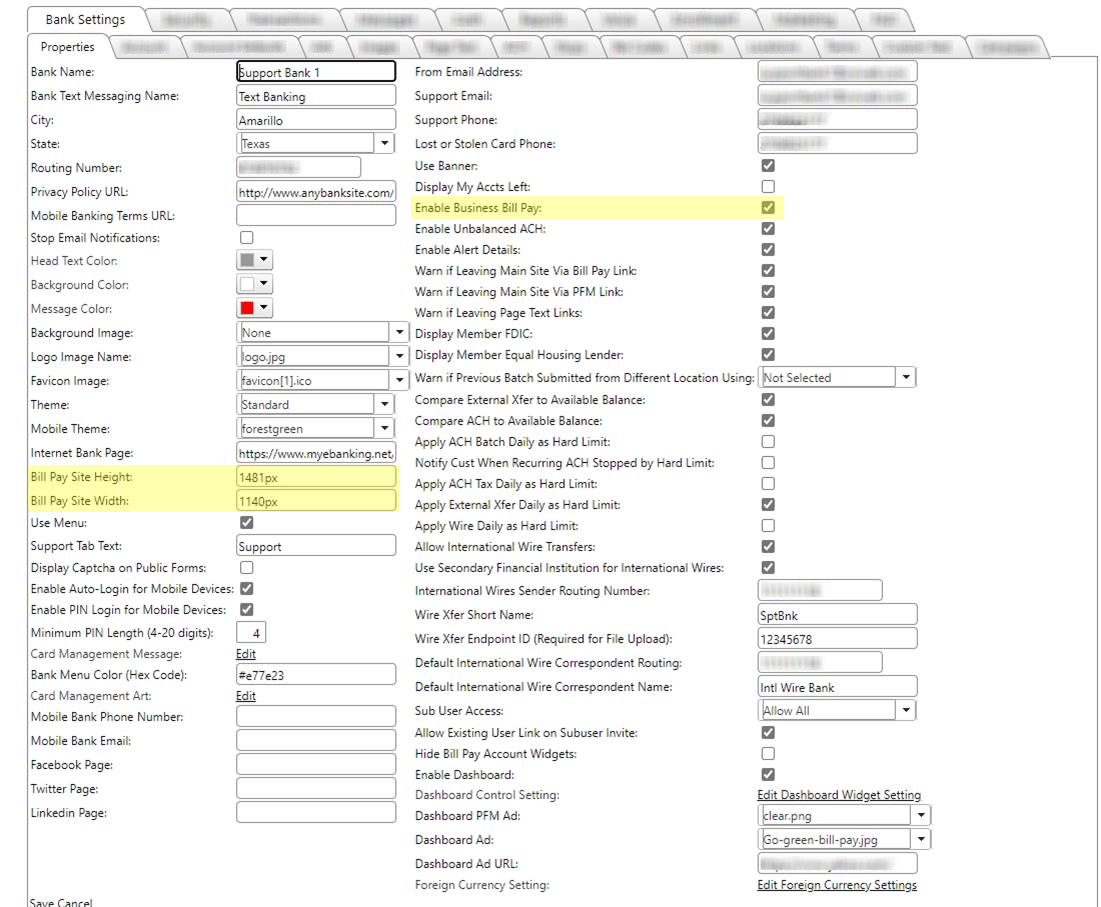 Bill Pay Fields on the Bank Settings >> Properties Tab